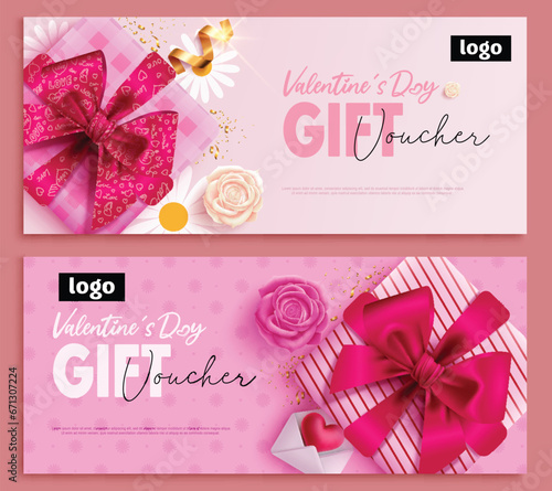 Valentine's day gift voucher card vector set. Happy valentine's day gift voucher certificate with git boxes and flowers elements for shopping vouchers collection. Vector illustration hearts day 
