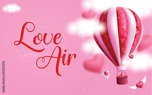 Valentine's air balloon vector design. Love is in the air greeting text with hot sir balloon floating and love letter flying in the sky background. Vector illustration hearts day invitation card.
