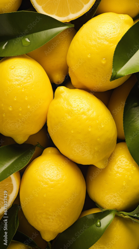 A pile of lemons with leaves and water droplets