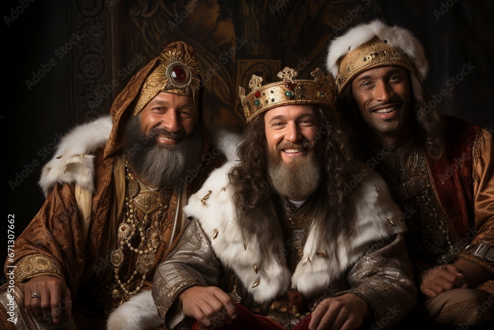 Naklejka premium Wise Men Embark on a Sacred Journey to Celebrate the Birth of Baby Jesus in Bethlehem, Bringing Precious Gifts from Afar