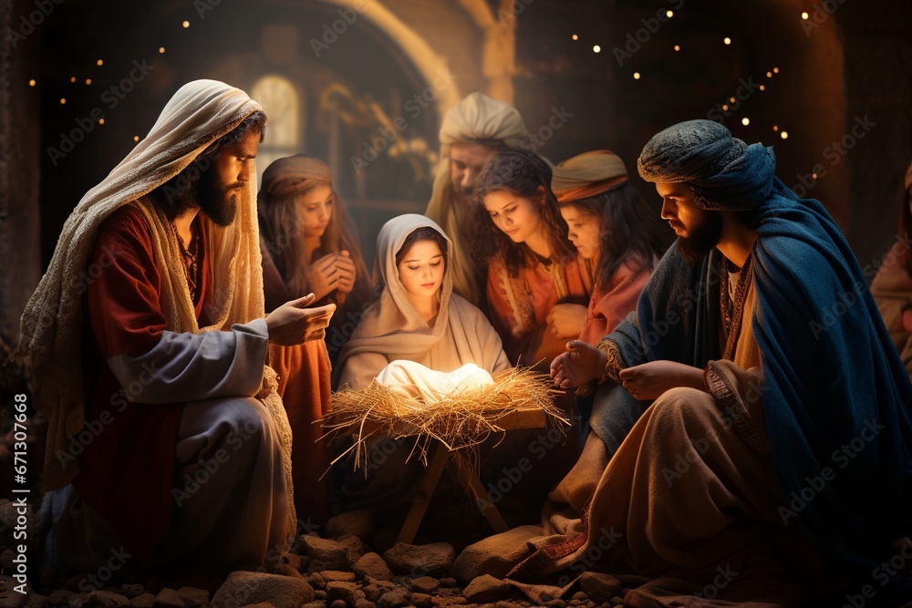 Portrait of the Nativity Scene, A Realistic and Heartfelt Depiction of the Birth of Jesus, Capturing the Essence of Christmas Traditions