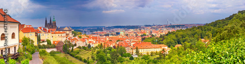 City summer landscape, panorama, banner - top view of the historical center of Prague, Czech Republic