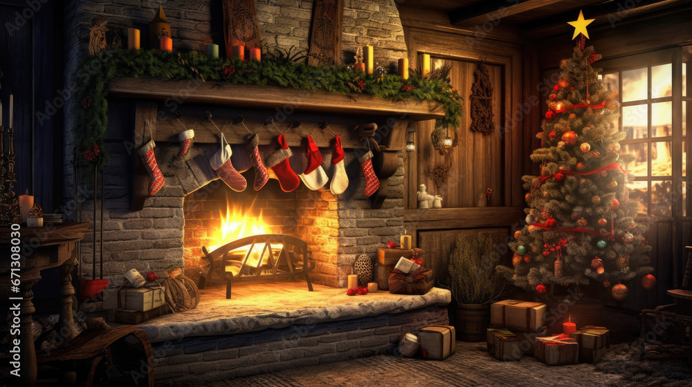 A cozy fireplace adorned with stockings and garlands, creating a warm holiday atmosphere.