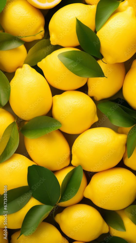 A pile of lemons with leaves and an orange slice
