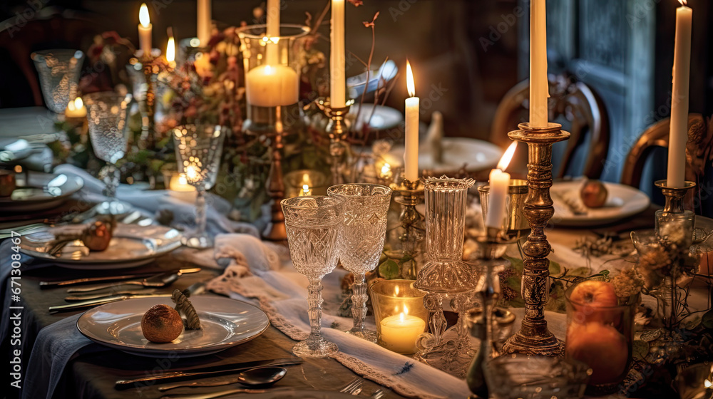 A beautifully set dining table with candles and elegant tableware for a holiday feast.