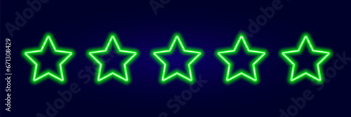 5 stars rating green neon glow on dark background vector. Glowing rank rates with laser led illumination for design