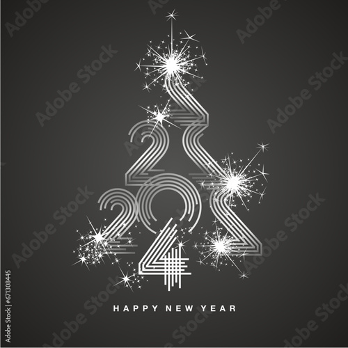 2024 New Year abstract silver Christmas tree made by multiply line design 2024 year numbers shining sparkle firework black background greeting card