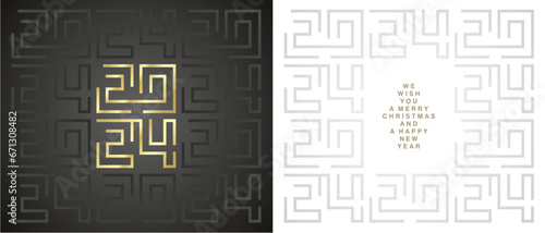 Happy New Year 2024. Golden white silver grey cyberspace high tech year 2024 typography. Greek mystic ornament abstract pattern on black white background