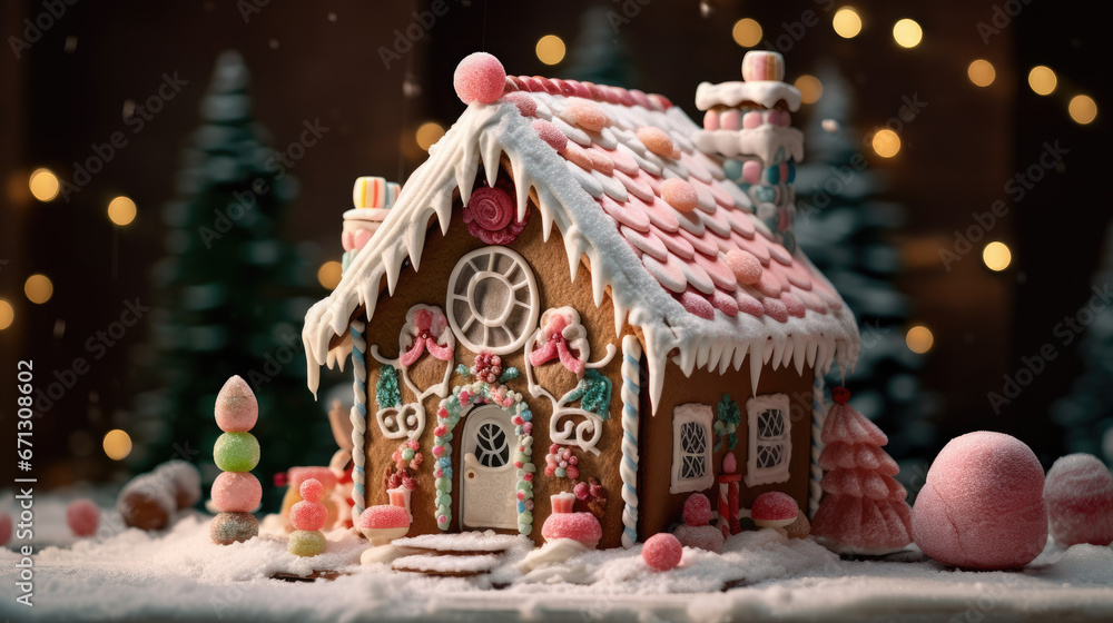 A gingerbread house covered in icing and candy decorations.