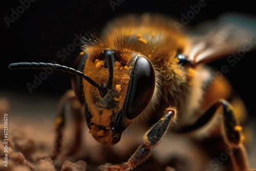 Macro shot of a bee. Generative AI.