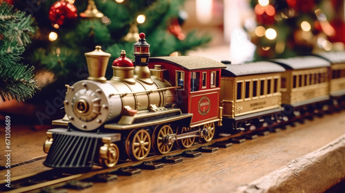 A vintage toy train running around a Christmas tree with miniature decorations.