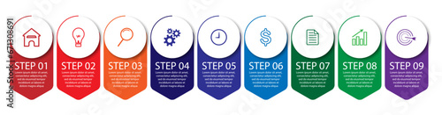 9 step infographic, simple infographic design consisting of nine interrelated parts, circle design combined with squares, lines, icons and colors, good for your business presentation