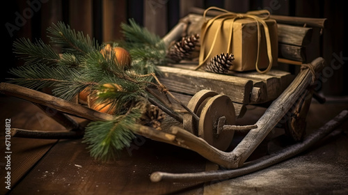A rustic wooden sled with wrapped gifts and pine branches.