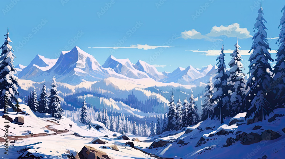A snowy mountain landscape with a clear blue sky.