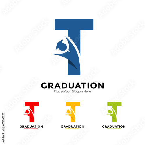 Letter T graduation with cap. Vector logo design. Suitable for business, education, initial name, poster and label