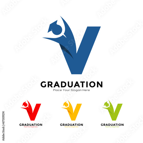 Letter V graduation with cap. Vector logo design. Suitable for business, education, initial name, poster and label