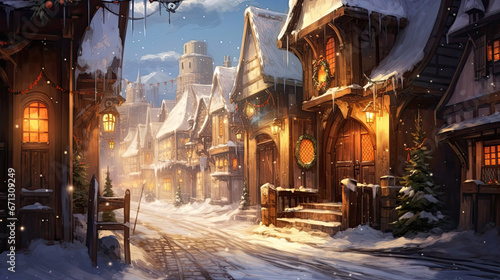 A snowy street with decorated houses and twinkling lights.