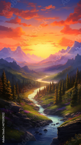 A painting of a beautiful sunset over a river