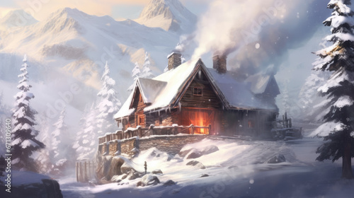 A snowy mountain cabin with smoke coming out of the chimney.