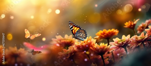 Butterfly on the flower with bokeh lights background. photo