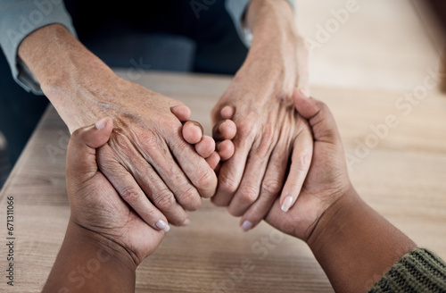 Fototapeta Naklejka Na Ścianę i Meble -  Holding hands, support and prayer, trust with people and counseling top view, psychology and therapy together. Kindness, respect and worship, help and wellness with communication, comfort and care