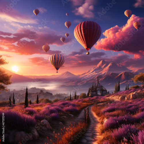 Lavender fields with a hot air balloon floating 
