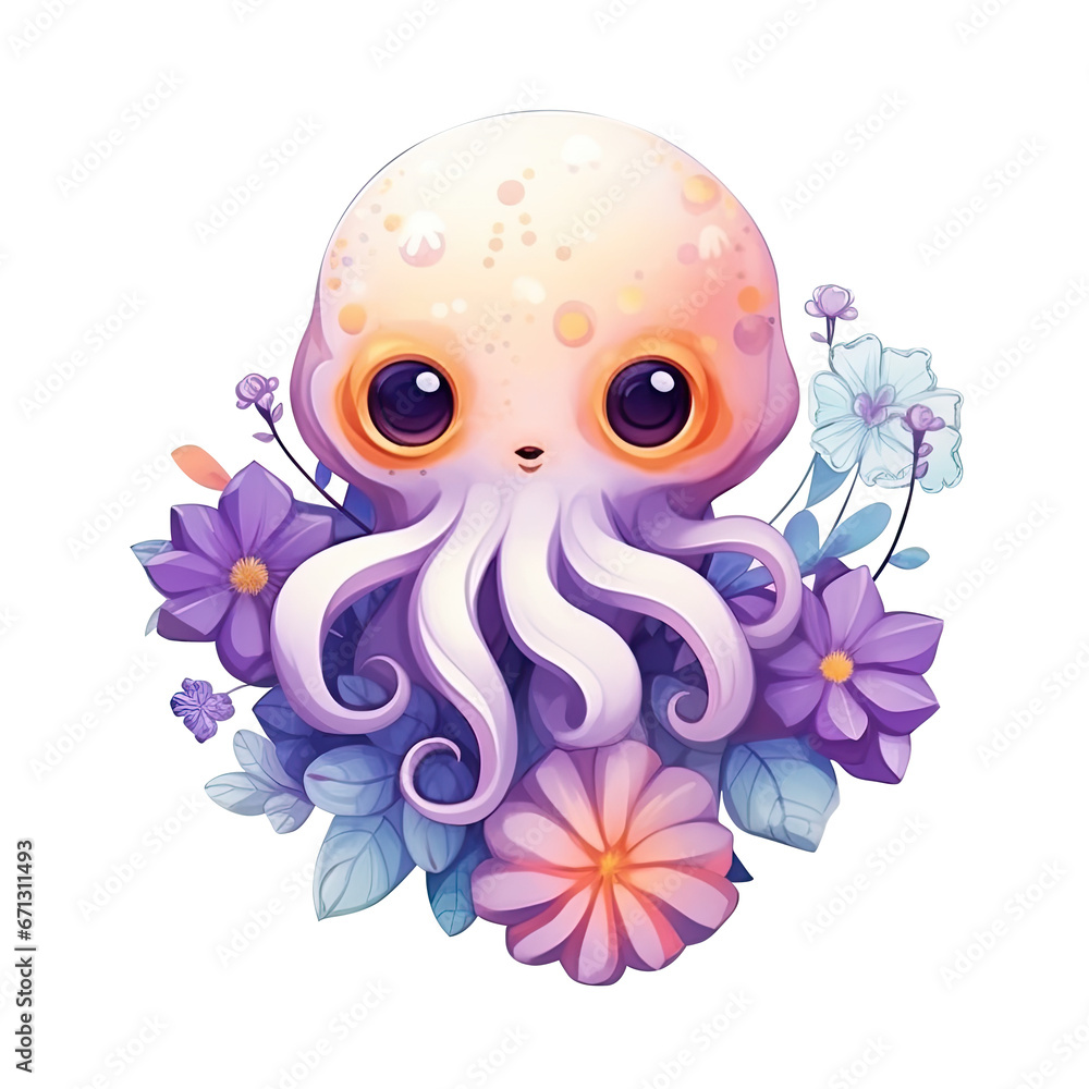 Illustration cute octopus design character with flower AI Generative Illustration cute octopus design character with flower AI Generative