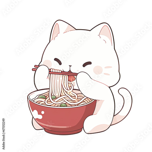 Illustration cat eating noodle AI Generative