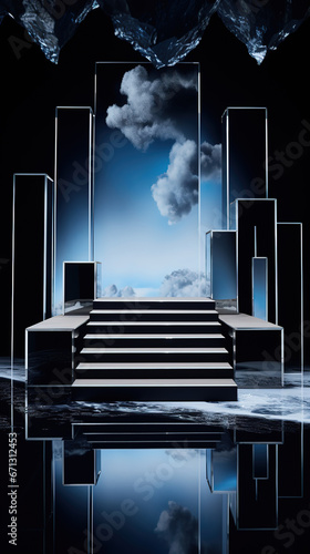 The Enigmatic Ethereal Echelons, A Surrealistic Symphony of Mirrored Floating Abstraction on the Enchanted Stage Podium Product photo