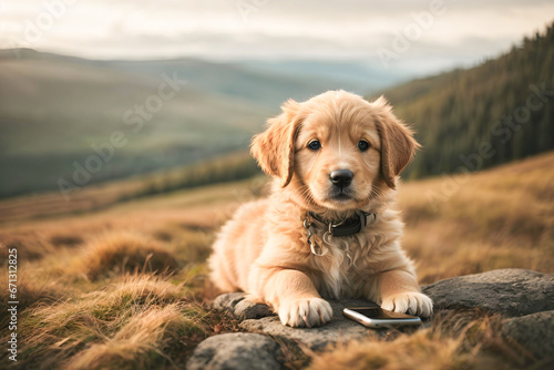 Enchanting Golden Retriever Puppy Explores Digital Wonderland on Smartphone Screenq