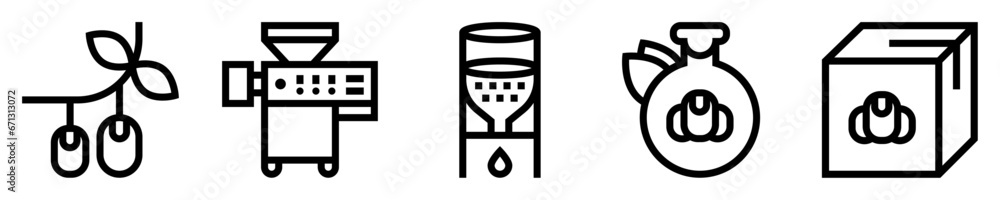 Conjunto de iconos de producción de aceite. Cosecha de aceitunas, extracción de aceite, decantación, filtrado, almacenamiento, envasado, distribución, consumo. Ilustración vectorial Conjunto de iconos de producción de aceite. Cosecha de aceitunas, extracción de aceite, decantación, filtrado, almacenamiento, envasado, distribución, consumo. Ilustración vectorial
