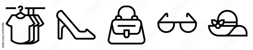 Conjunto de iconos de moda. Accesorios y complementos. Percha de ropa, tacón, bolsa de mano, gafas de sol, sombrero. Ilustración vectorial Conjunto de iconos de moda. Accesorios y complementos. Percha de ropa, tacón, bolsa de mano, gafas de sol, sombrero. Ilustración vectorial