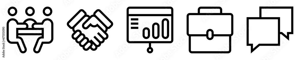 Conjunto de iconos de reunión de negocios. Planificación empresarial. Mesa de reuniones, apretón de manos, gráficos y presentación, maletín, diálogo, conversación. Ilustración vectorial Conjunto de iconos de reunión de negocios. Planificación empresarial. Mesa de reuniones, apretón de manos, gráficos y presentación, maletín, diálogo, conversación. Ilustración vectorial