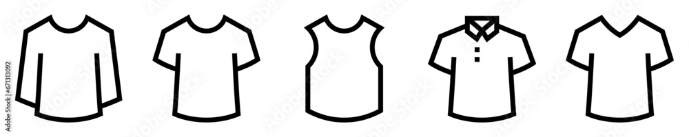 Conjunto de iconos de tipos de camisetas. Indumentaria. Camiseta manga corta y larga, polo, camiseta sin manga, cuello v. Ilustración vectorial Conjunto de iconos de tipos de camisetas. Indumentaria. Camiseta manga corta y larga, polo, camiseta sin manga, cuello v. Ilustración vectorial