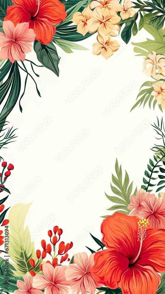 Frame of tropical Hawaiian style flowers and leaves on a white background. Room for text copy. Frame of tropical Hawaiian style flowers and leaves on a white background. Room for text copy.
