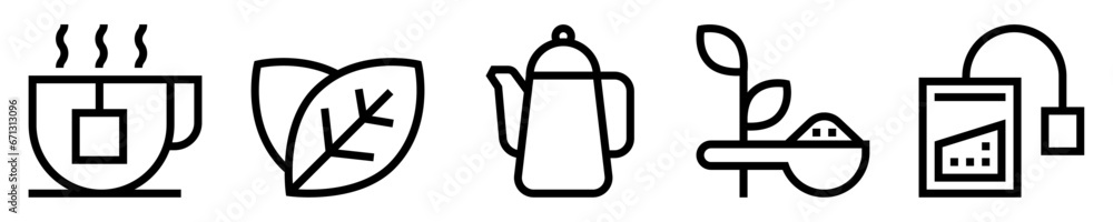 Conjunto de iconos de té. Bebida caliente. Infusión, tetera, taza, hoja, cucharada y bolsita de té. Ilustración vectorial Conjunto de iconos de té. Bebida caliente. Infusión, tetera, taza, hoja, cucharada y bolsita de té. Ilustración vectorial