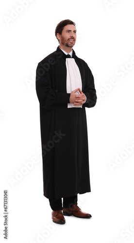 Smiling judge in court dress on white background