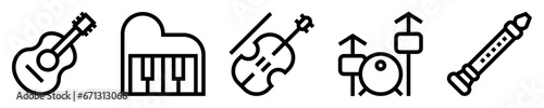 Conjunto de iconos de instrumentos musicales. Guitarra, piano, violín, batería, flauta. Ilustración vectorial