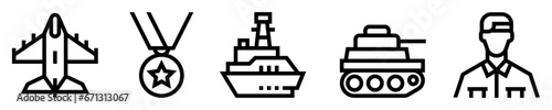 Conjunto de iconos de militares. Avión de combate, medalla, condecoración, barco y tanque de guerra, soldado. Ilustración vectorial