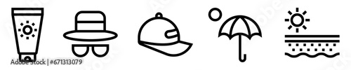Conjunto de iconos de protección solar. Cuidado de la piel. Protector solar, sombrero, gafas de sol, gorra, sombrilla, piel con rayos solares. Ilustración vectorial
