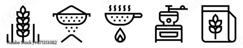 Conjunto de iconos de producción de harina de trigo. Cosecha de trigo, limpieza, clasificación, tostado, molienda y distribución. Ilustración vectorial