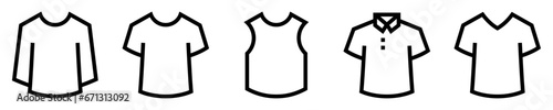Conjunto de iconos de tipos de camisetas. Indumentaria. Camiseta manga corta y larga, polo, camiseta sin manga, cuello v. Ilustración vectorial photo