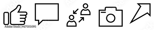 Conjunto de iconos de redes sociales. Pulgar hacia arriba, me gusta, burbuja de chat, conexiones, cámara, compartir. Ilustración vectorial