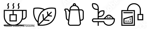 Conjunto de iconos de té. Bebida caliente. Infusión, tetera, taza, hoja, cucharada y bolsita de té. Ilustración vectorial