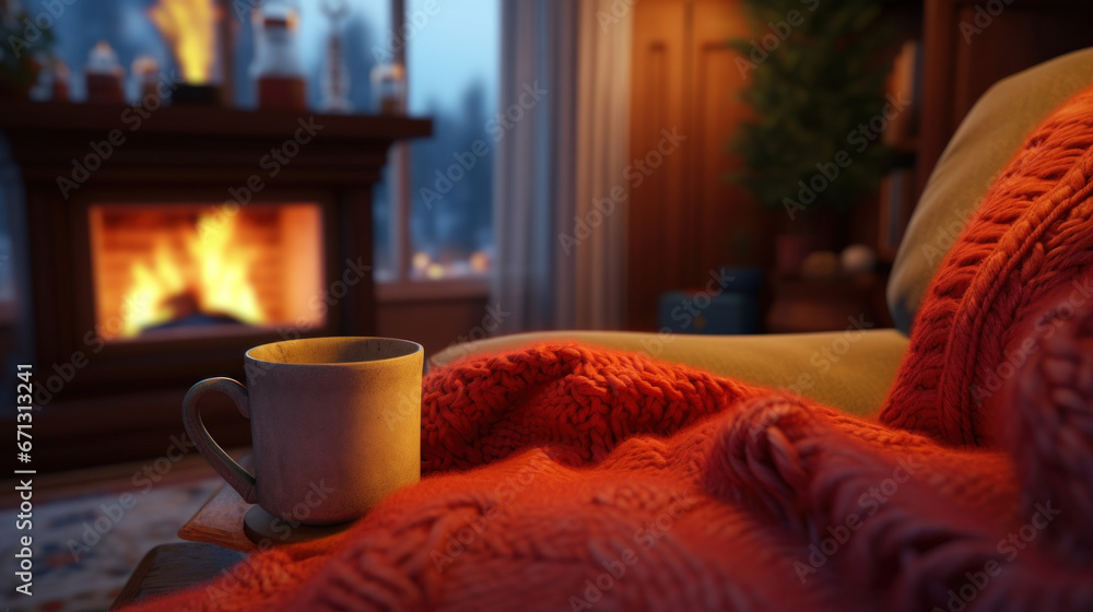 A mug with hot tea and a knitted scarf on a table with a fireplace in the background - obrazy, fototapety, plakaty 