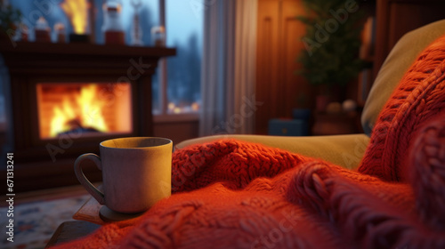 A mug with hot tea and a knitted scarf on a table with a fireplace in the background