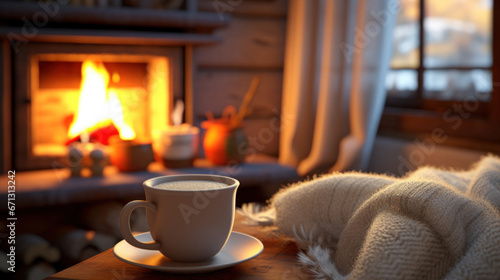 A mug with hot tea and a knitted scarf on a table with a fireplace in the background