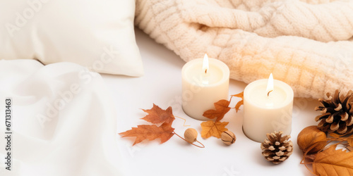 Autumn cozy composition with white pumpkins, autumn leaves on white background.