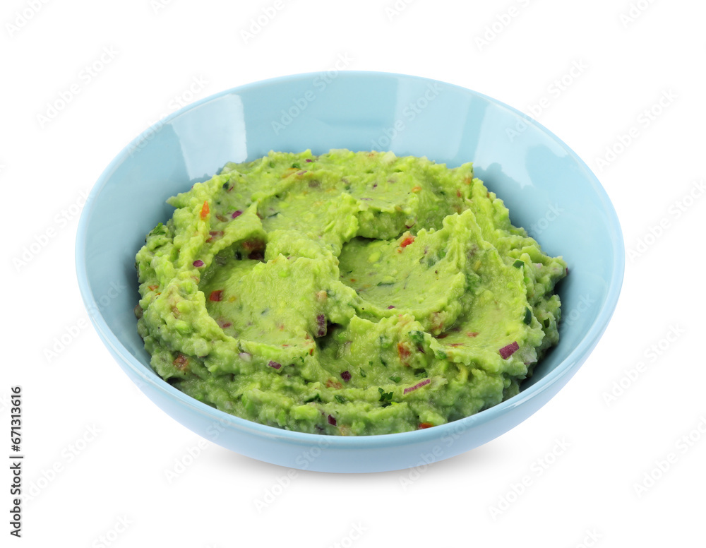 Bowl of delicious guacamole isolated on white Bowl of delicious guacamole isolated on white