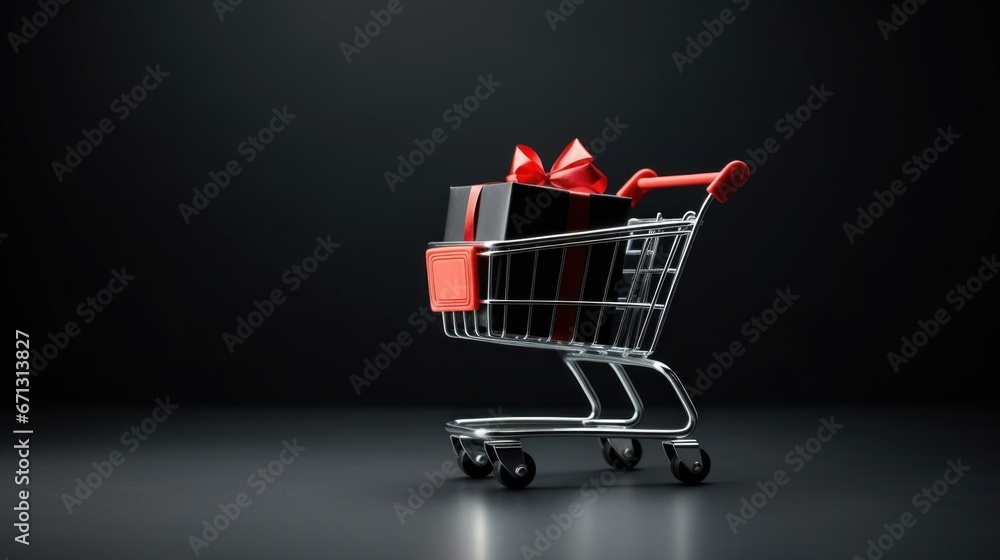 Shopping cart with black gift box on black background. Black Friday concept